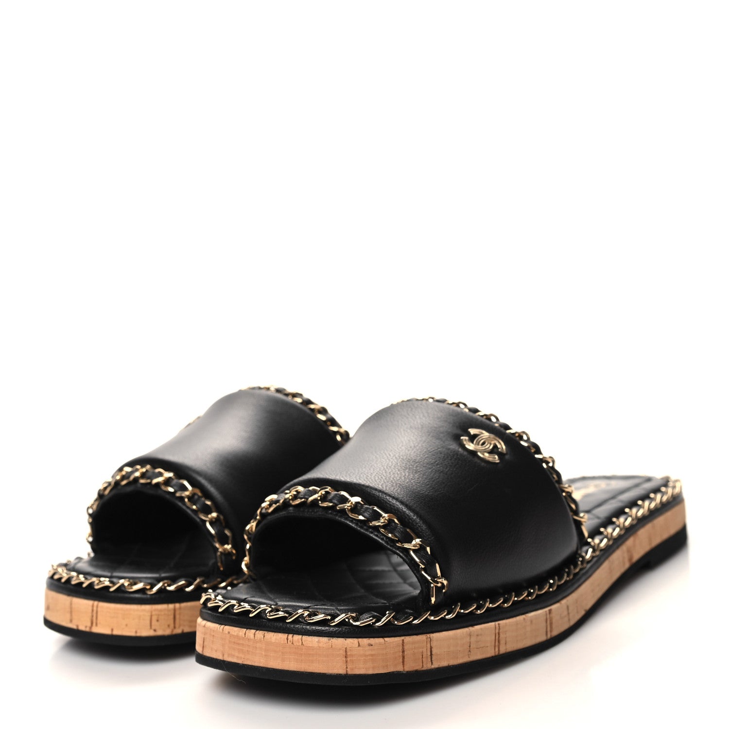 Chanel Lambskin Chain Cork Slide Sandals 39 Black 3 of 9