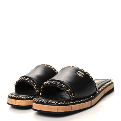 Chanel Lambskin Chain Cork Slide Sandals 39 Black 3 of 9