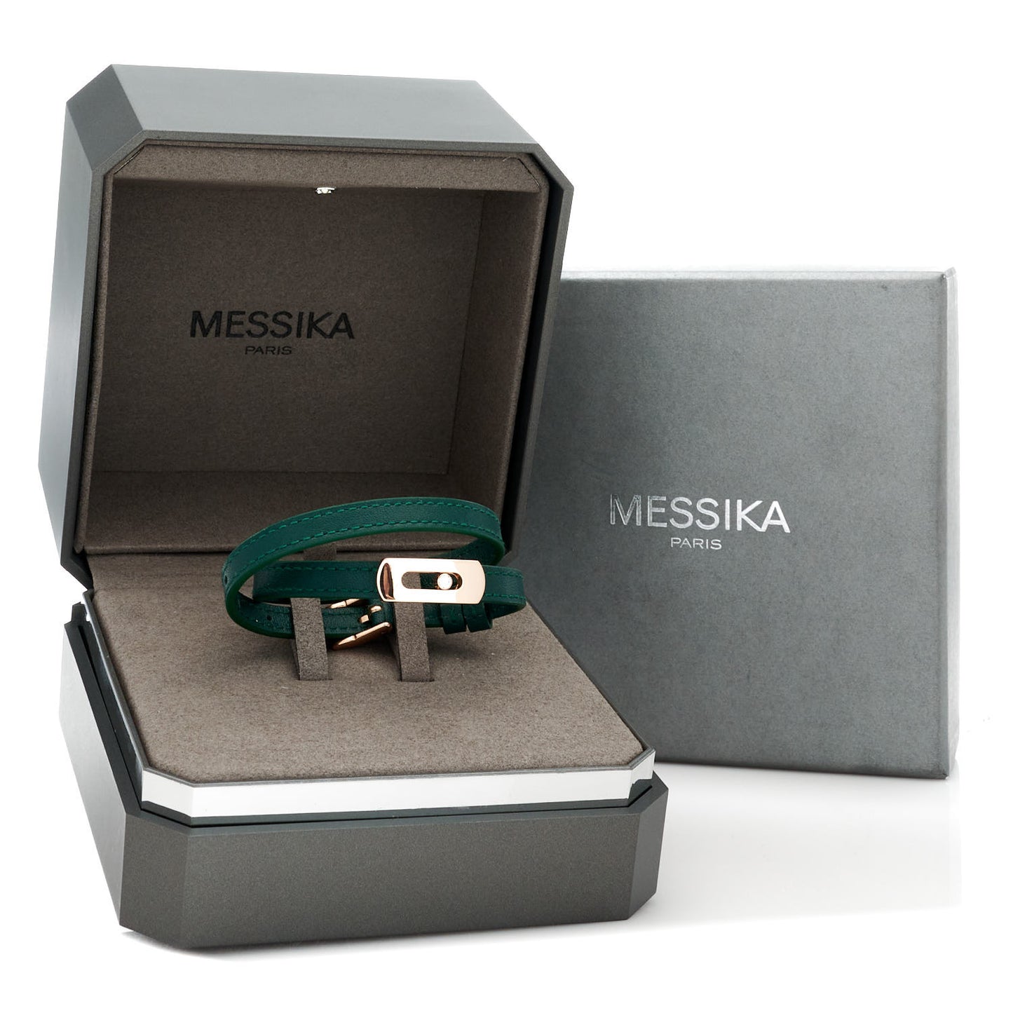18K Rose Gold Diamond Leather My Move Bracelet Green