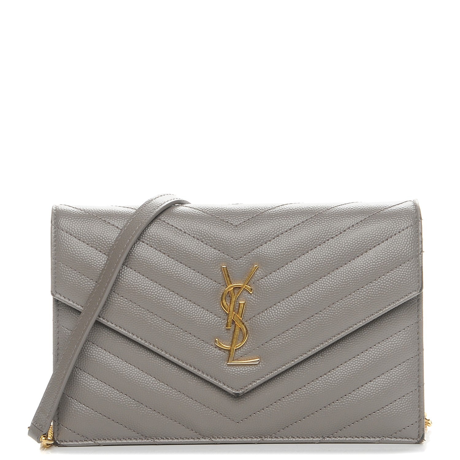 Saint Laurent Grain De Poudre Matelasse Chevron Monogram Chain Wallet Fog 1 of 11