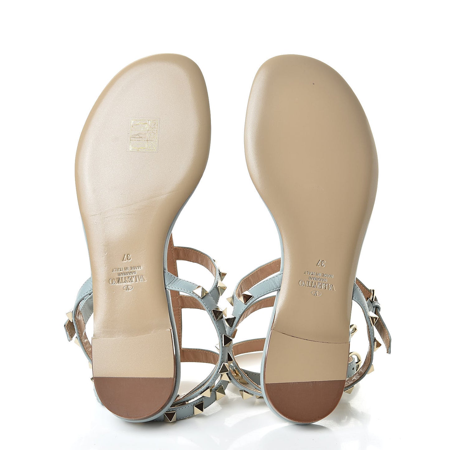 Calfskin Rockstud Ankle Wrap Flat Thong Sandals 37 Celadon