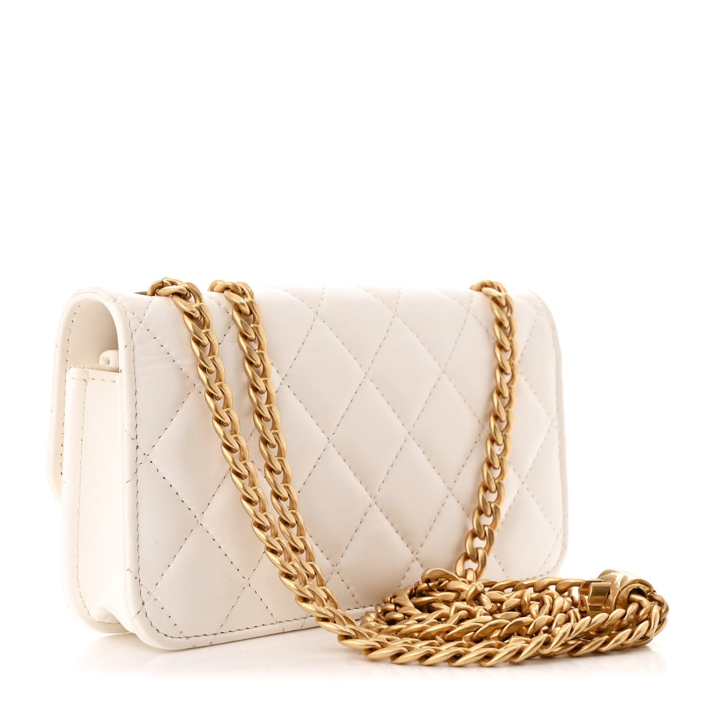 Lambskin Quilted Pillow Crush Flap Phone Holder With Chain White