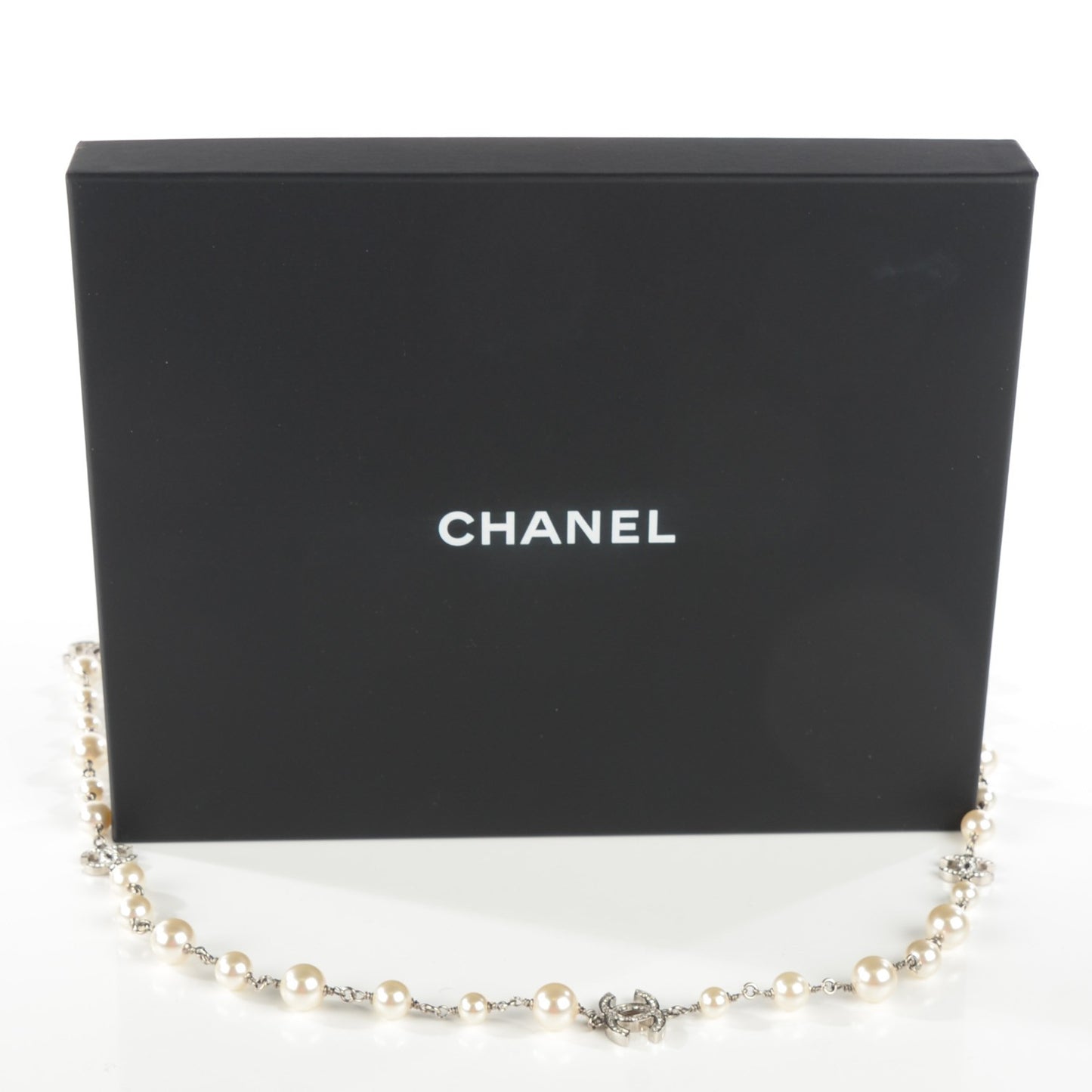 Graduated Pearl Crystal CC Long Necklace Silver