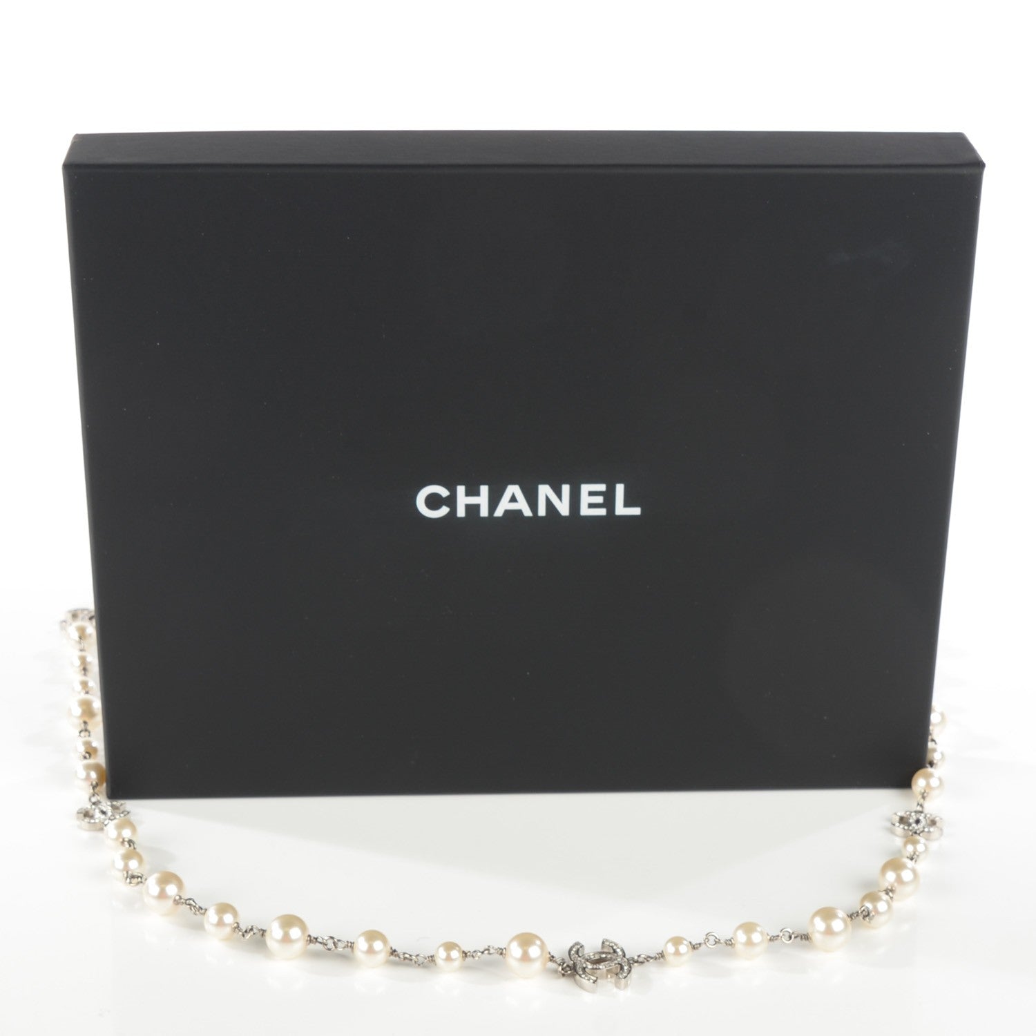 Chanel Graduated Pearl Crystal CC Long Necklace Silver 7 of 7