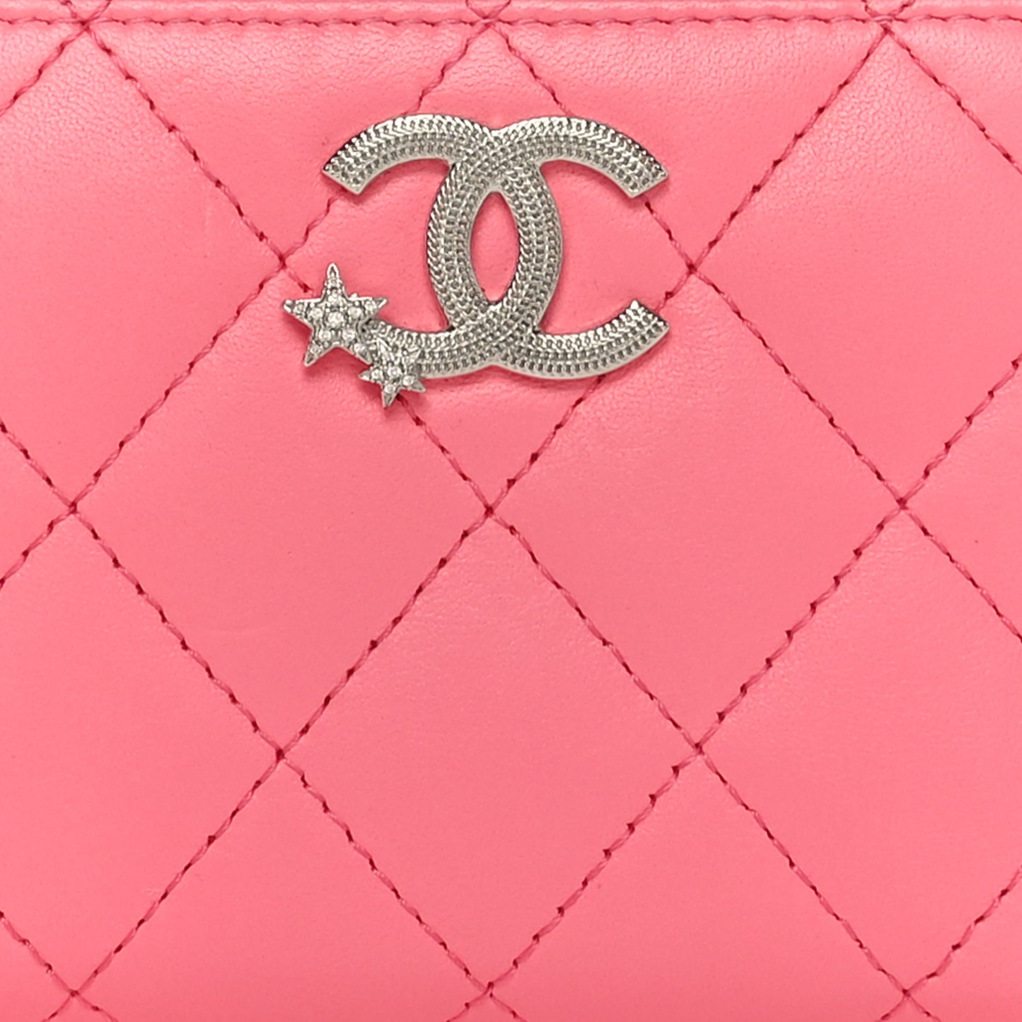 Lambskin Crystal Star Quilted Studded CC Zip Around Card Holder Wallet Pink