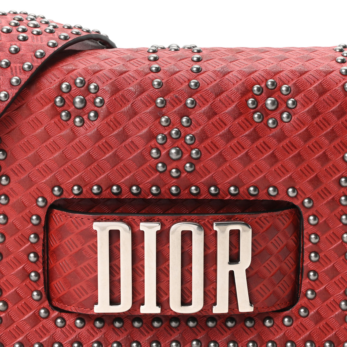Calfskin Embossed Cannage Studded J'Adior Chain Flap Bag Red
