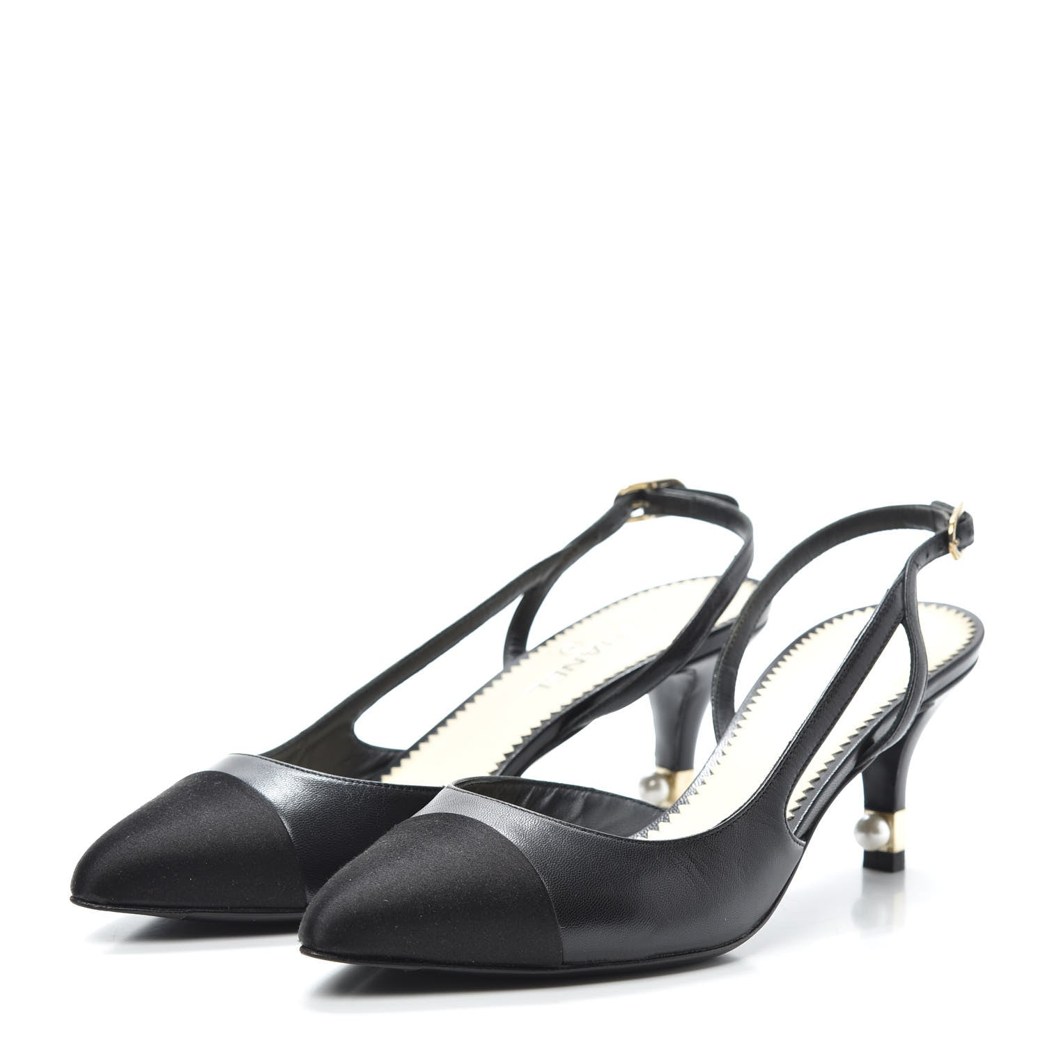 Chanel Lambskin Satin Cap Toe CC Slingback Heels 37 Black 3 of 7