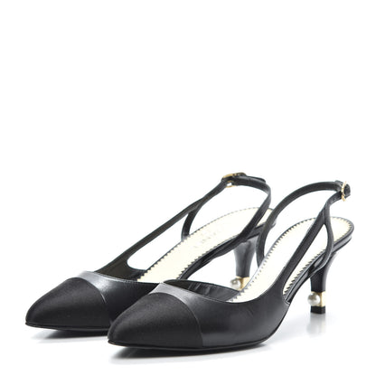 Chanel Lambskin Satin Cap Toe CC Slingback Heels 37 Black 3 of 7
