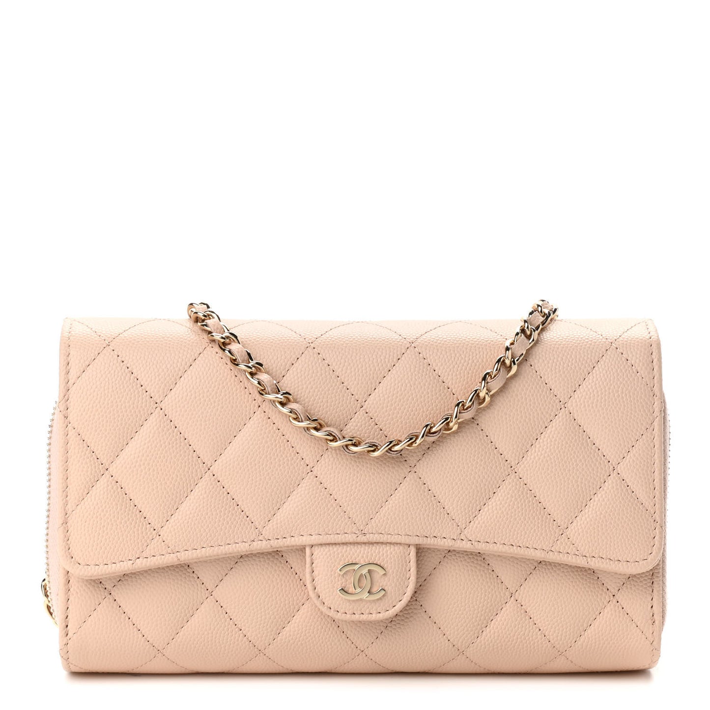 Caviar Quilted Phone Holder Wallet on Removable Chain Light Beige