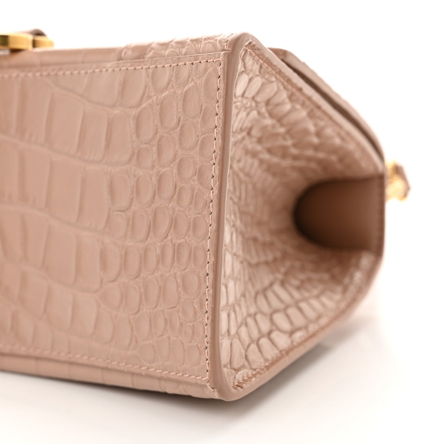 Shiny Calfskin Crocodile Embossed Small Hourglass Top Handle Bag Nude Beige