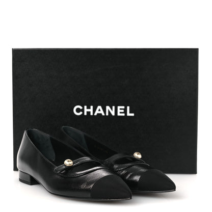 Chanel Shiny Lambskin Grosgrain Pearl Mary Jane Flats 37 Black 11 of 11