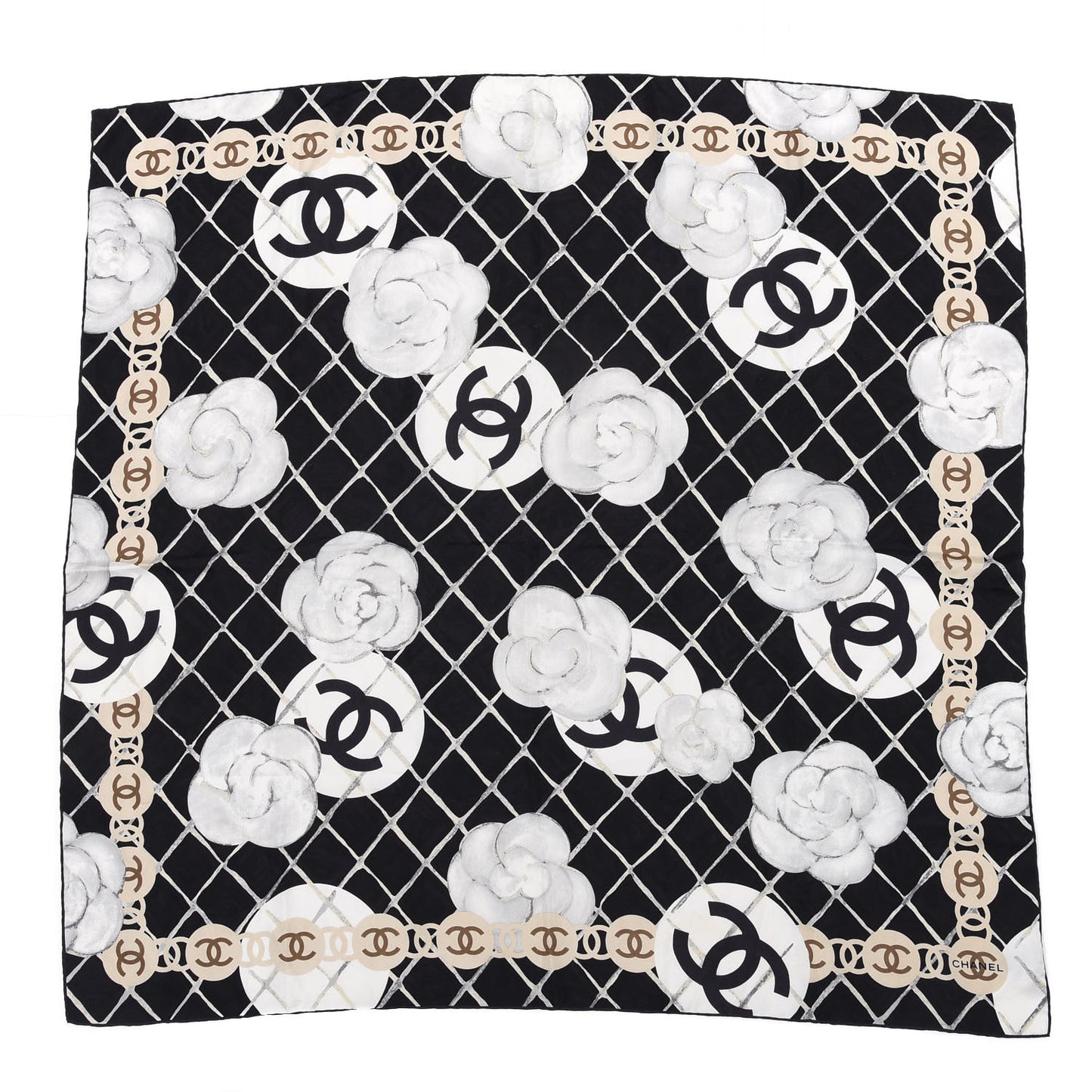 Silk CC Logo Camellia Scarf White Black