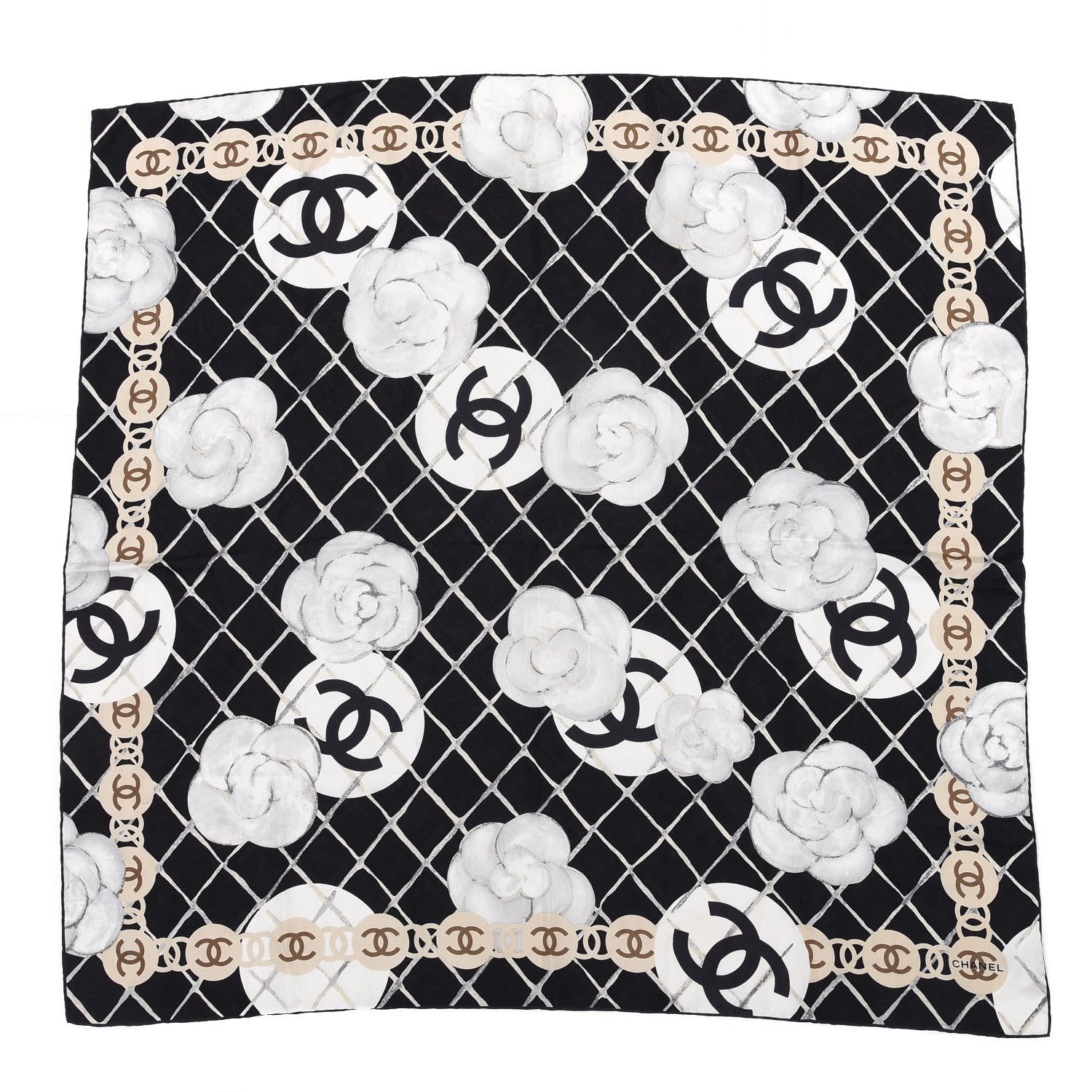 Chanel Silk CC Logo Camellia Scarf White Black 1 of 3