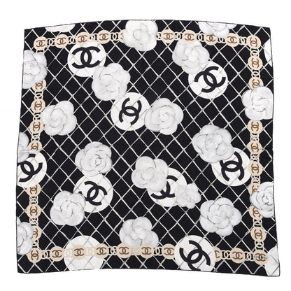 Chanel Silk CC Logo Camellia Scarf White Black 1 of 3