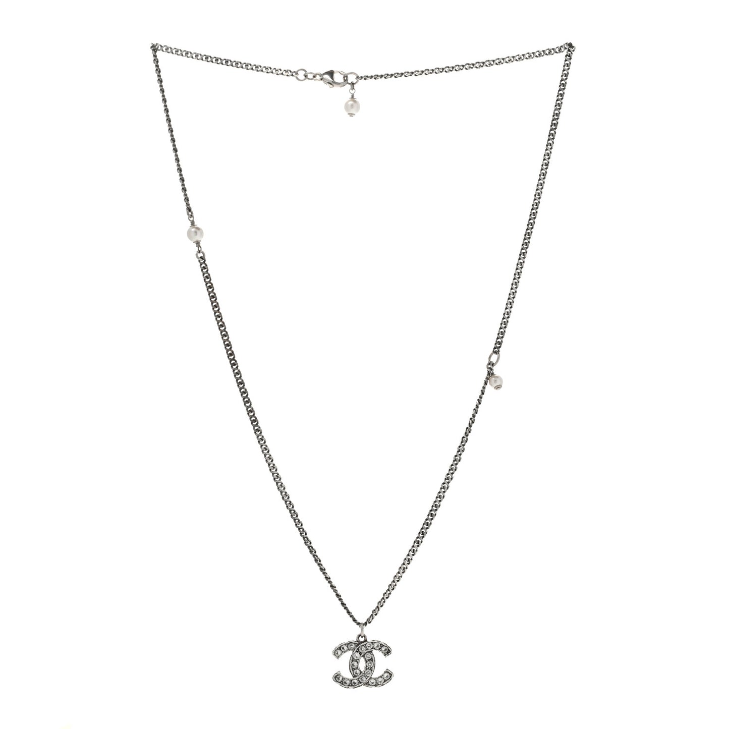 Ruthenium Crystal Pearl CC Pendant Necklace Silver
