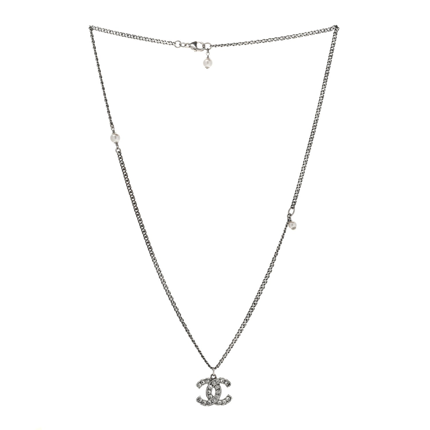 Chanel Ruthenium Crystal Pearl CC Pendant Necklace Silver 3 of 7