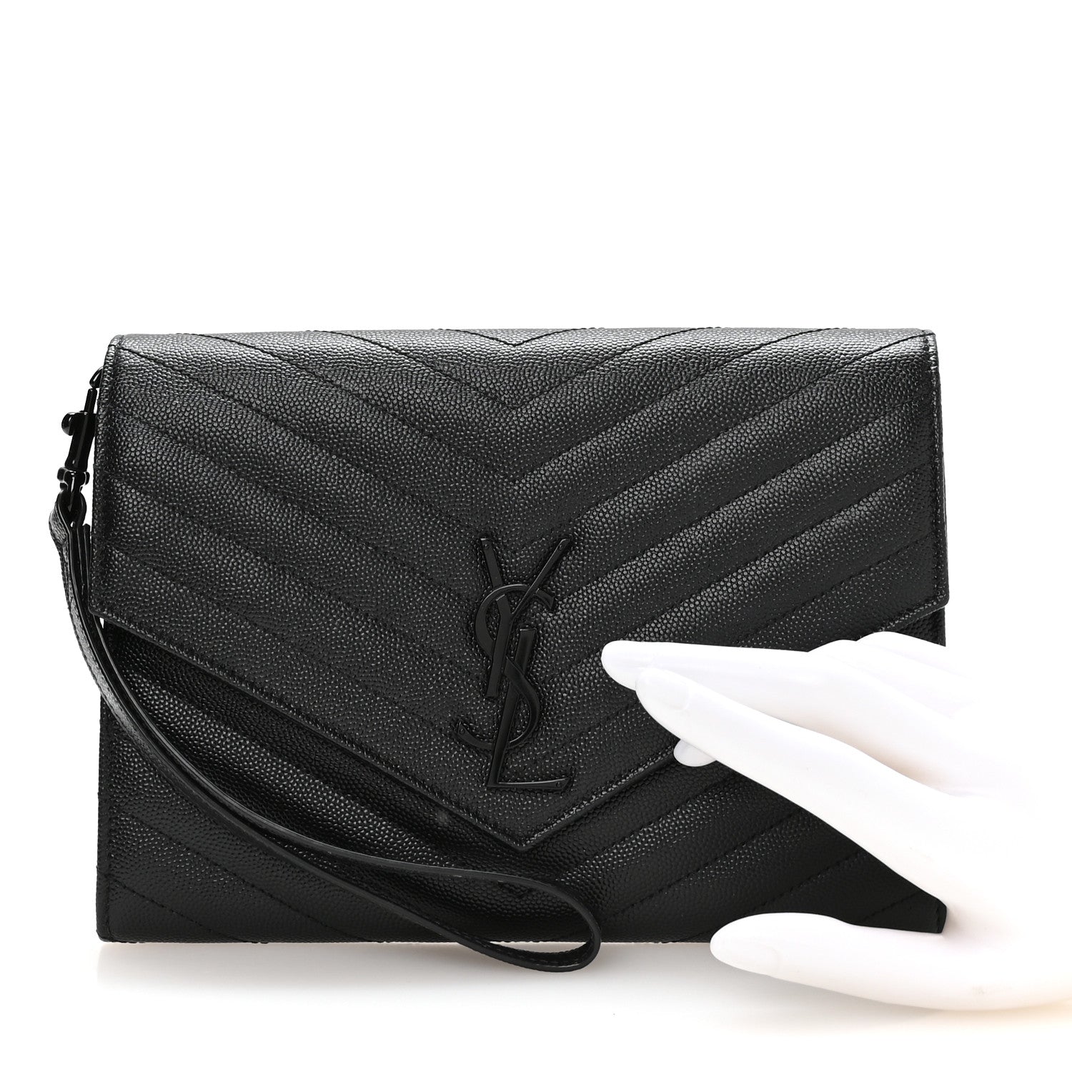 Saint Laurent Grain De Poudre Matelasse Chevron Monogram Monochrome Envelope Clutch Black 2 of 8