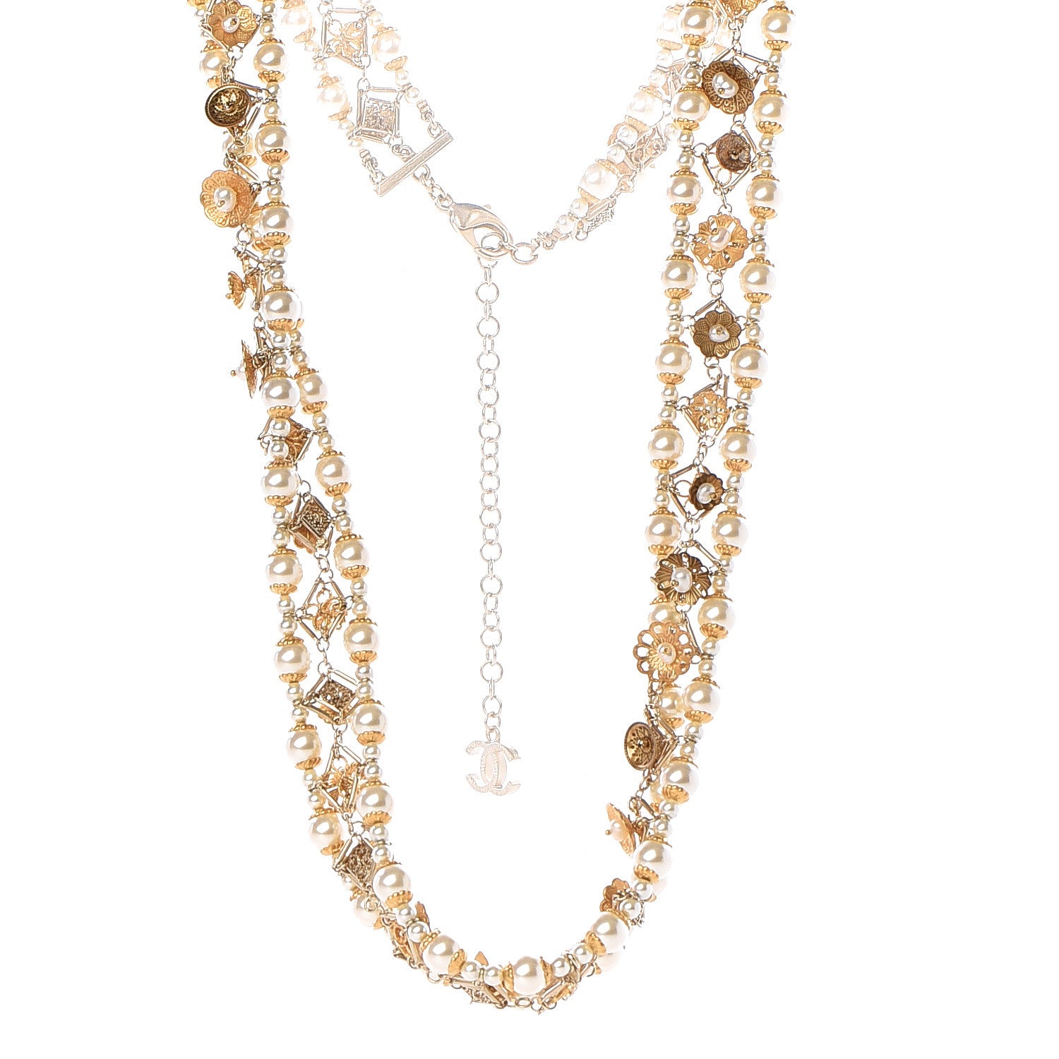 Chanel Pearl Bead Long CC Necklace Gold 1 of 3