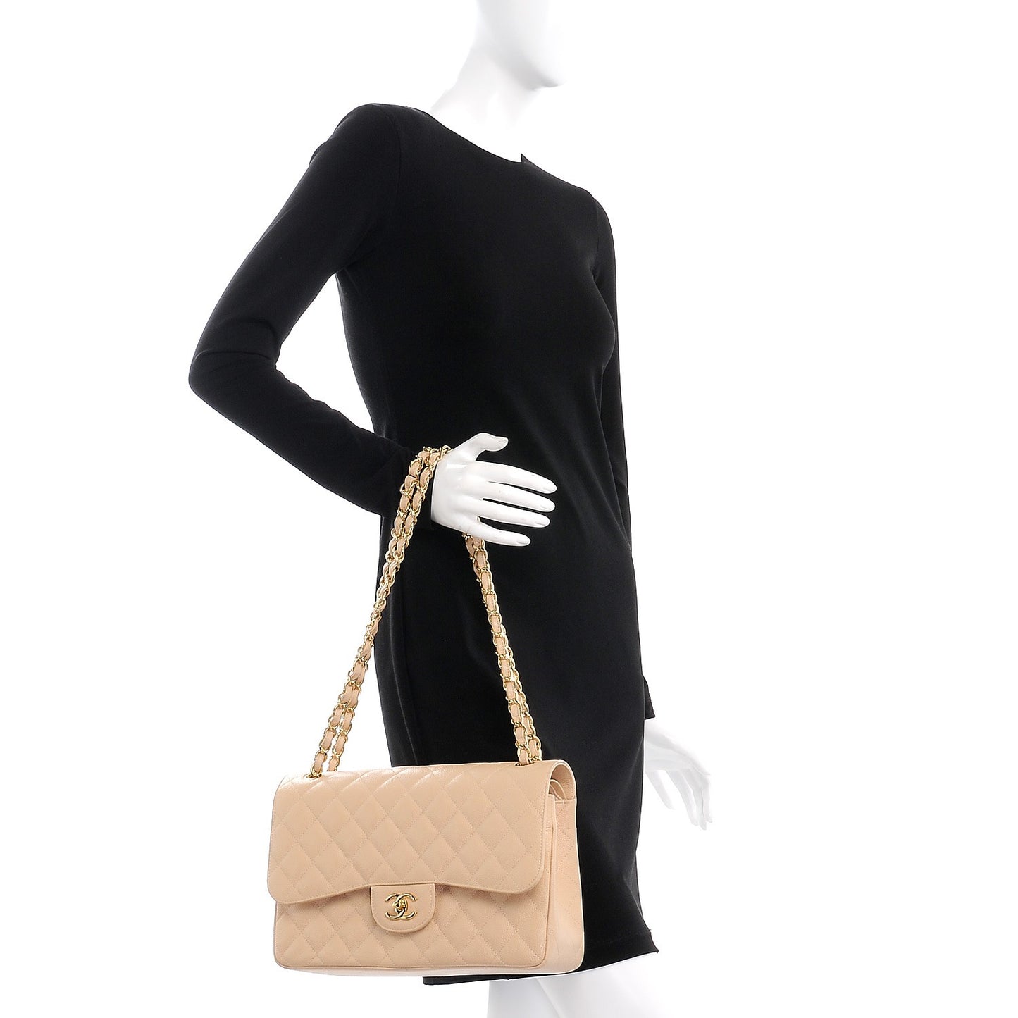 Caviar Quilted Jumbo Double Flap Beige Clair
