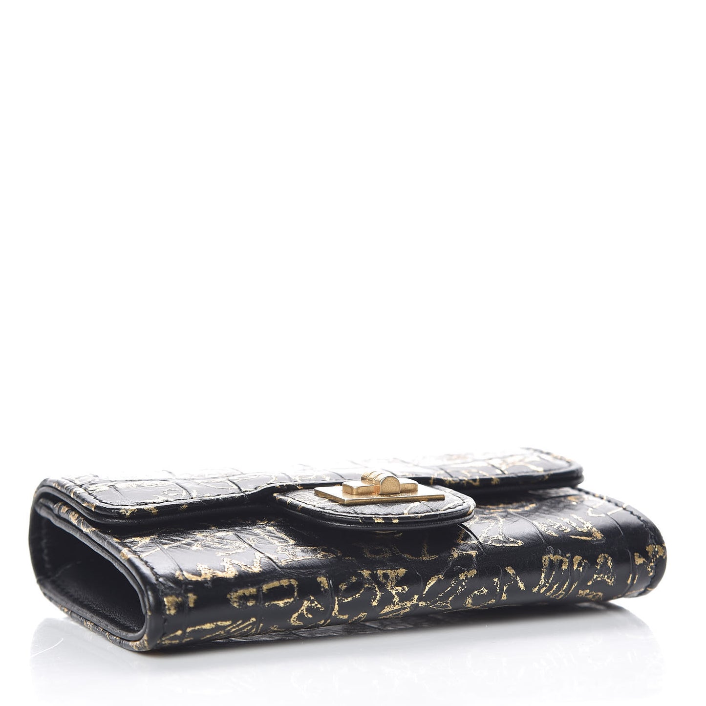 Calfskin Crocodile Embossed Graffiti 2.55 Cocodile Reissue Flap Card Holder Black Gold