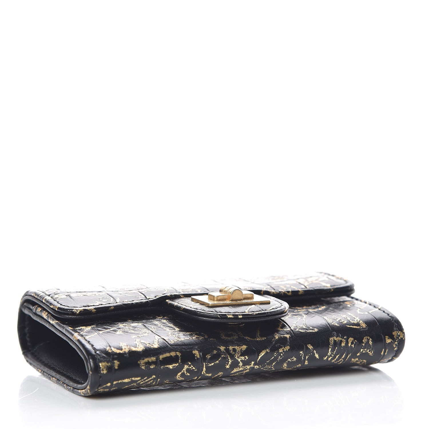 Chanel Calfskin Crocodile Embossed Graffiti 2.55 Cocodile Reissue Flap Card Holder Black Gold 4 of 9