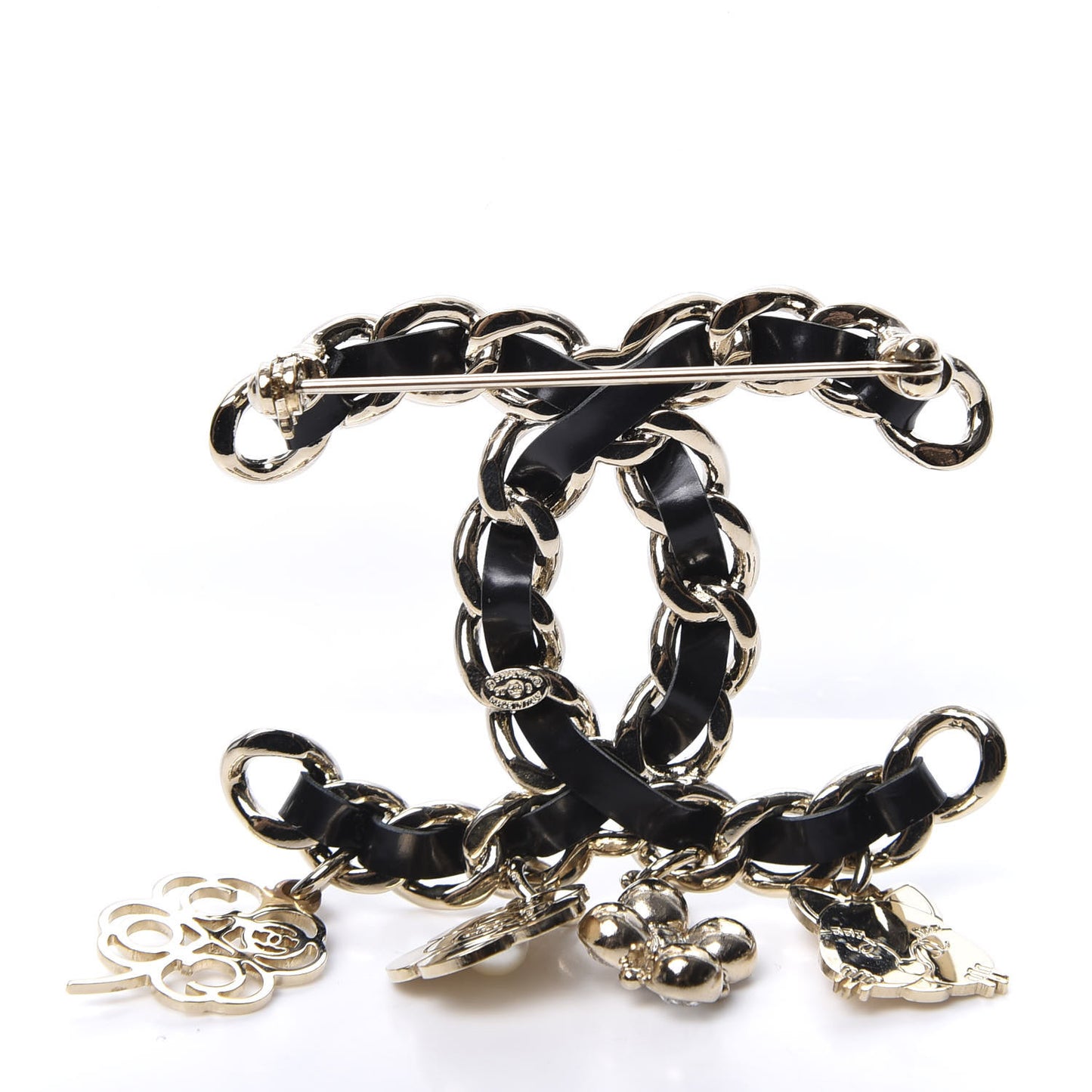Lambskin Crystal Chain CC Charms Brooch Black Gold