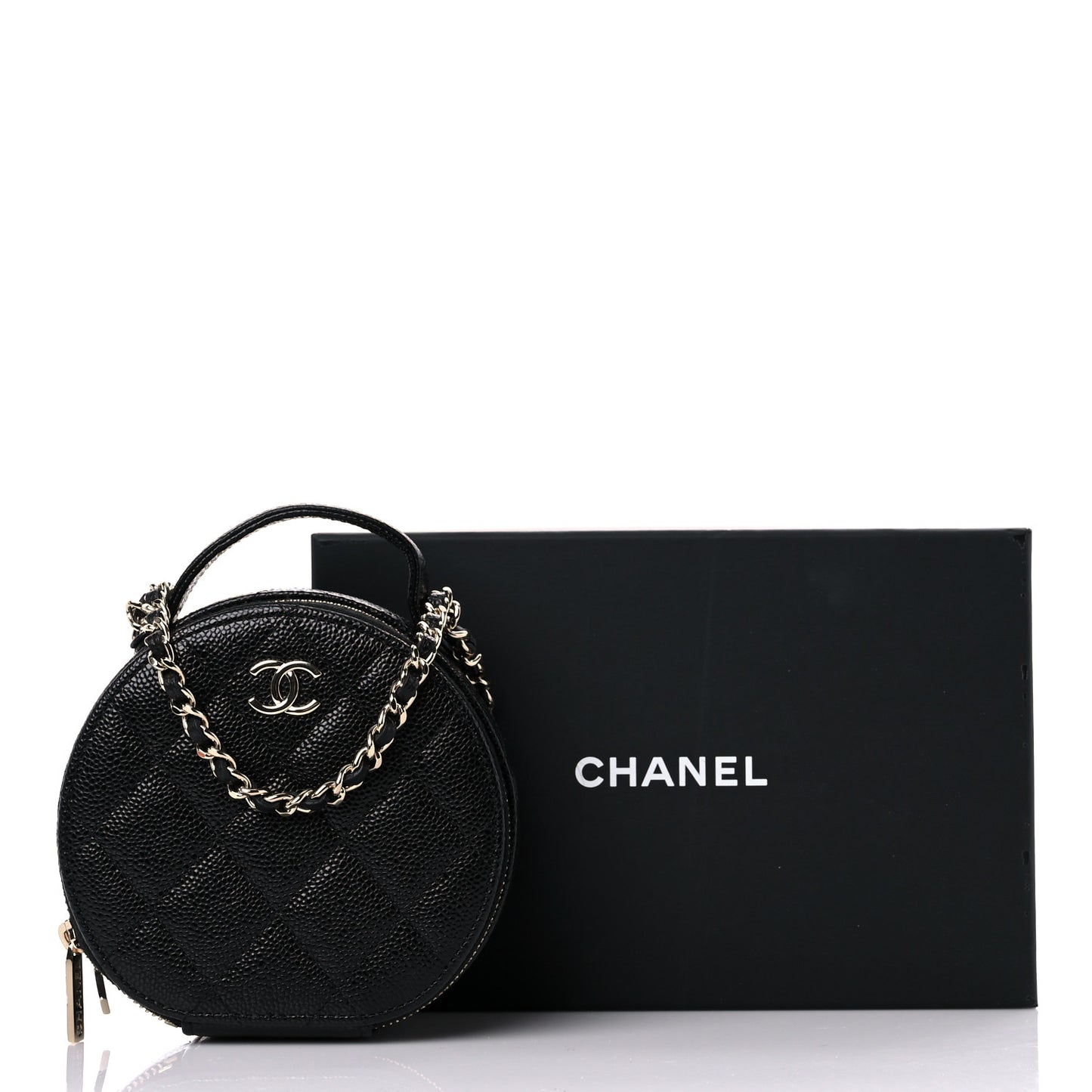 Caviar Quilted Round Handle With Care Vanity With Chain Black