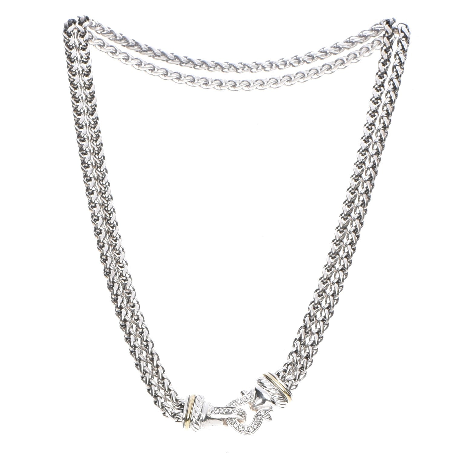 David Yurman Sterling Silver 18K Yellow Gold Diamond Double Wheat Buckle Necklace 3 of 6