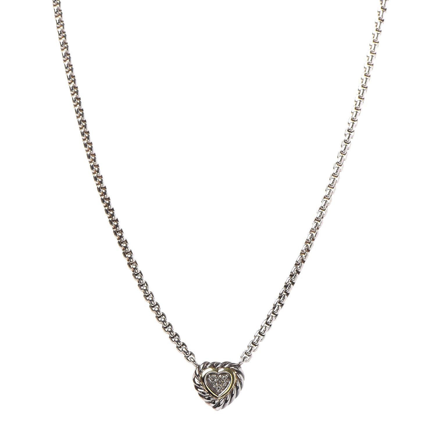 David Yurman Sterling Silver 18K Yellow Gold Diamond Pave Cable Heart Pendant Necklace 1 of 5