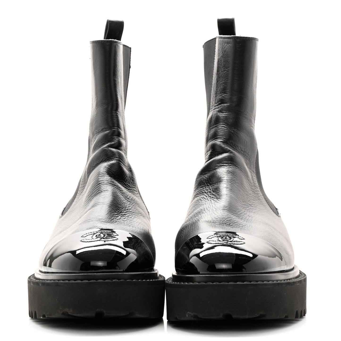 Crumpled Calfskin Patent Cap Toe Short Boots 39.5 Black