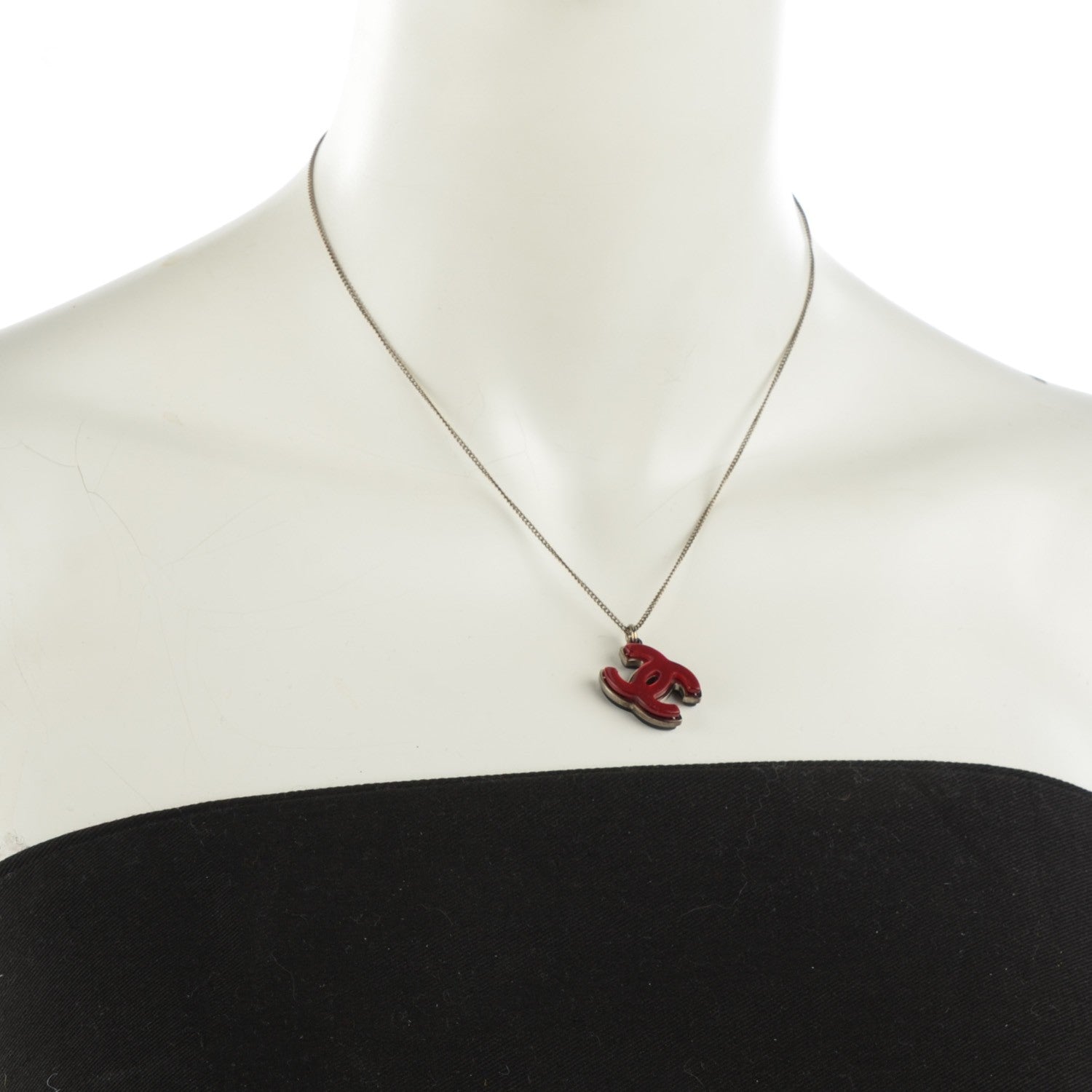 Chanel Acrylic CC Pendant Necklace Silver Black Red 2 of 4