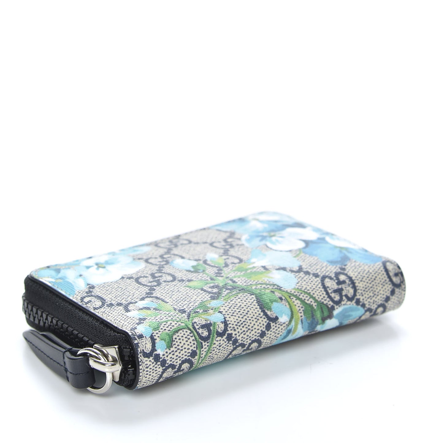 GG Supreme Monogram Blooms Zip Around Card Case Wallet Beige Blue Navy