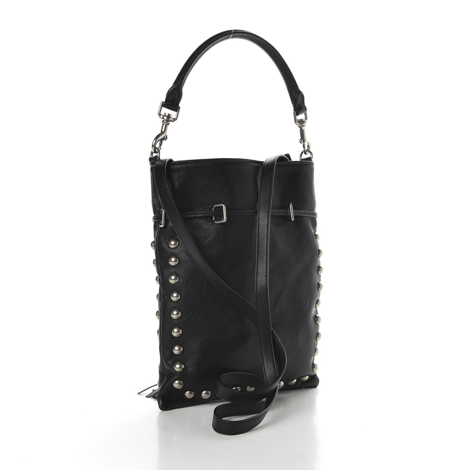 Saint Laurent Calfskin Studded Monogram Flat Bucket Black 3 of 9