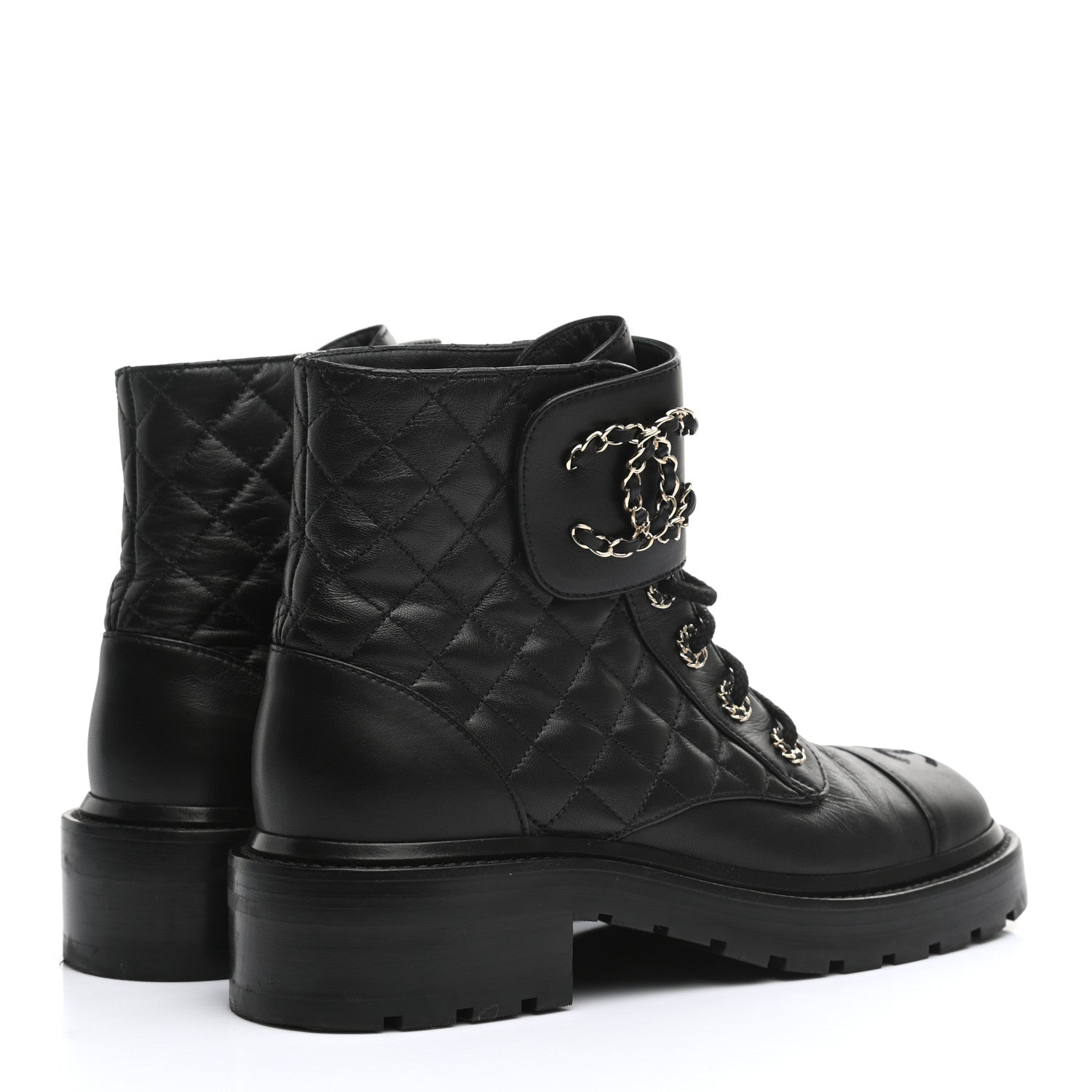 Chanel Shiny Lambskin Quilted Lace Up Combat Boots 38 Black 4 of 13