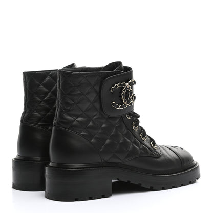 Chanel Shiny Lambskin Quilted Lace Up Combat Boots 38 Black 4 of 13