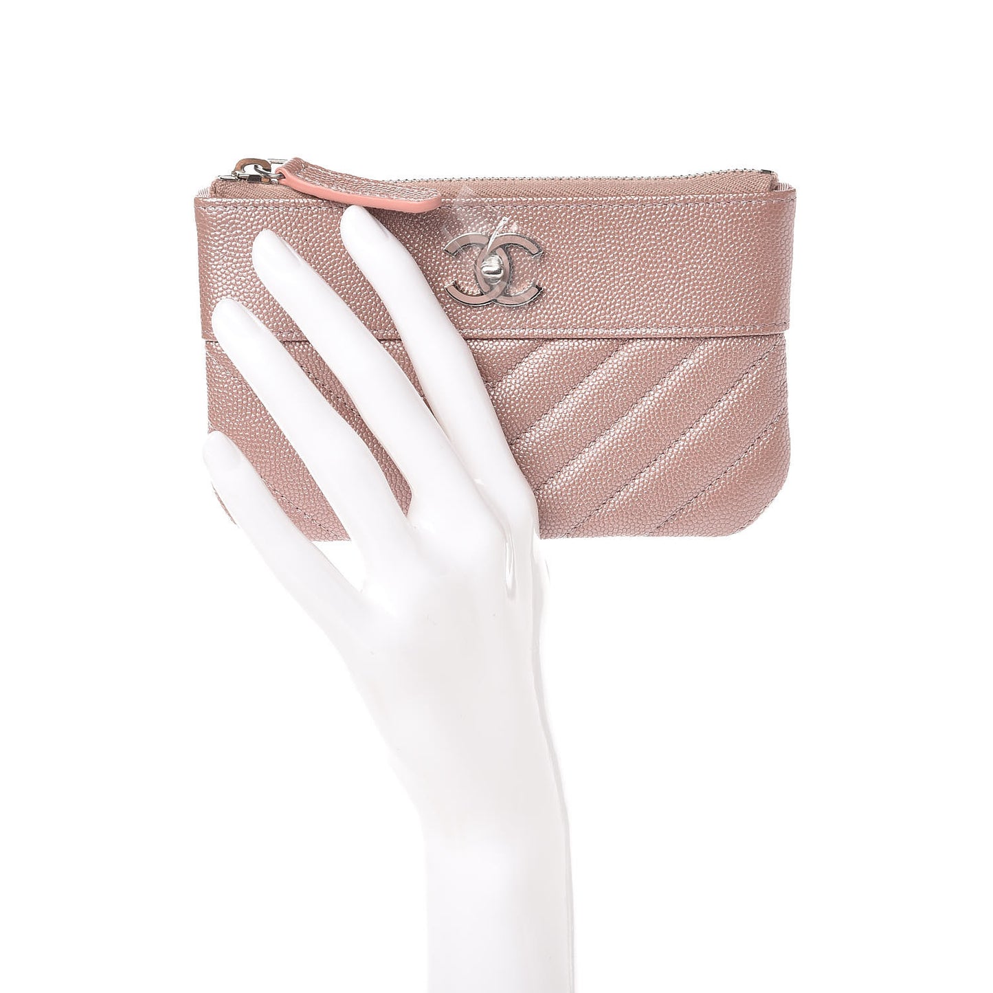 Metallic Caviar Chevron Quilted Small Vintage Mademoiselle Cosmetic Case Pink