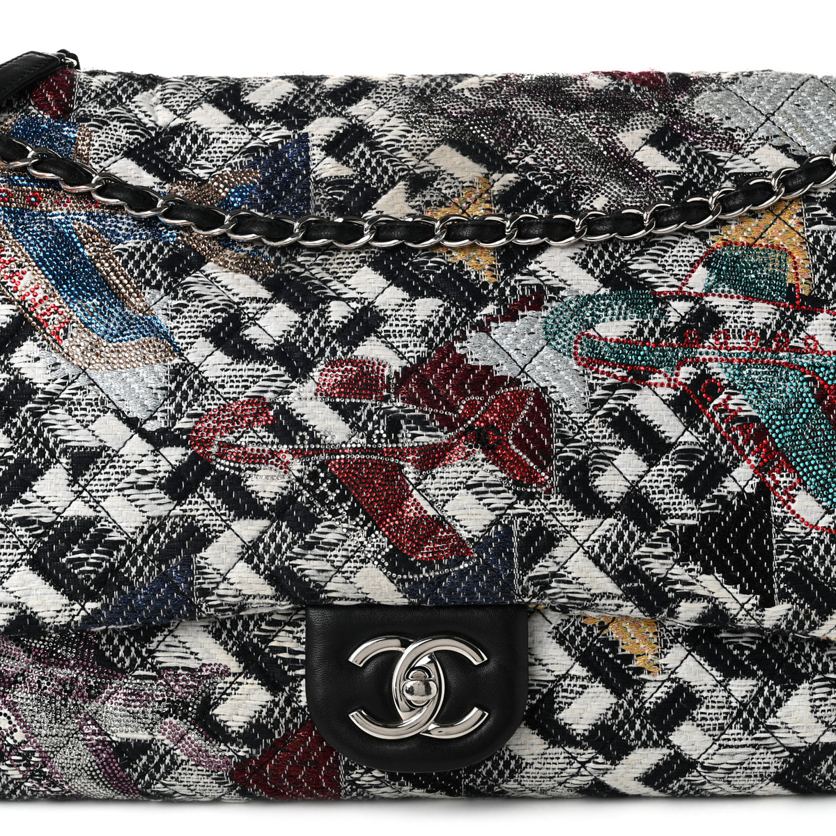 Tweed Strass Quilted XXL Plane Flap Black Multicolor