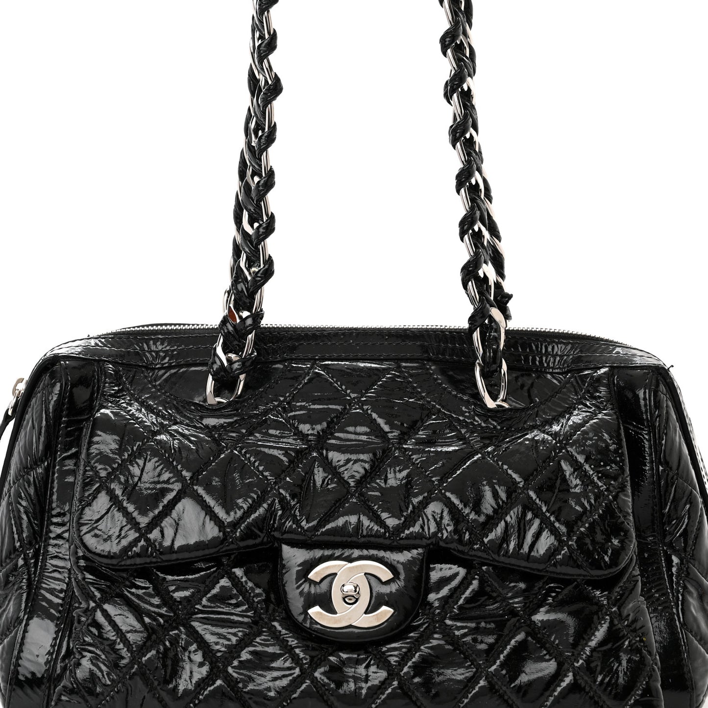 Patent Quilted Day Glo Flap Bag Black