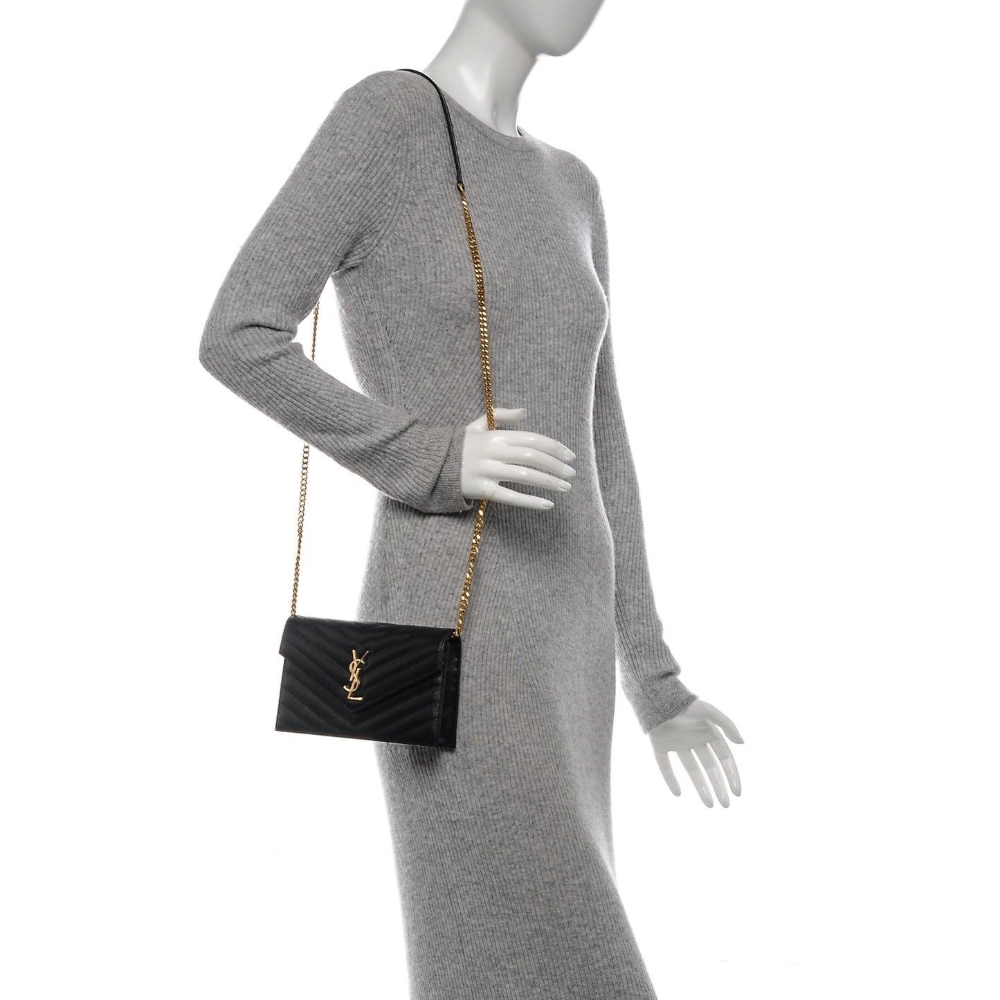Grain De Poudre Matelasse Chevron Monogram Envelope Chain Wallet Black