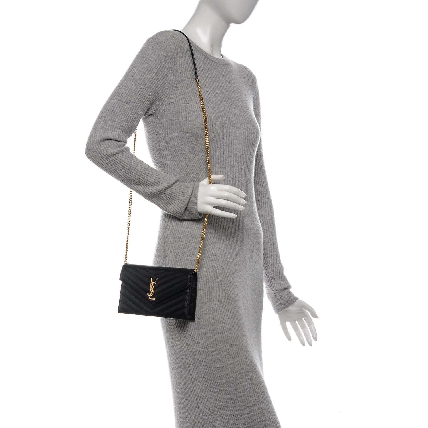 Saint Laurent Grain De Poudre Matelasse Chevron Monogram Envelope Chain Wallet Black 2 of 6