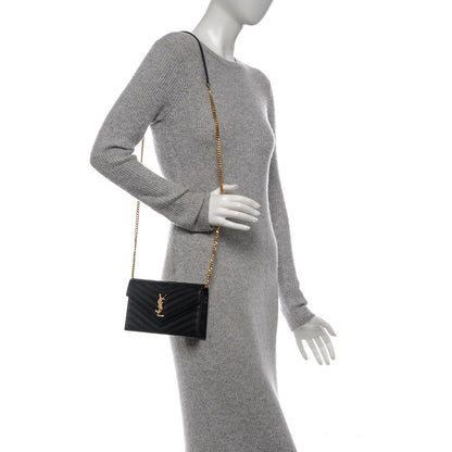 Saint Laurent Grain De Poudre Matelasse Chevron Monogram Envelope Chain Wallet Black 2 of 6