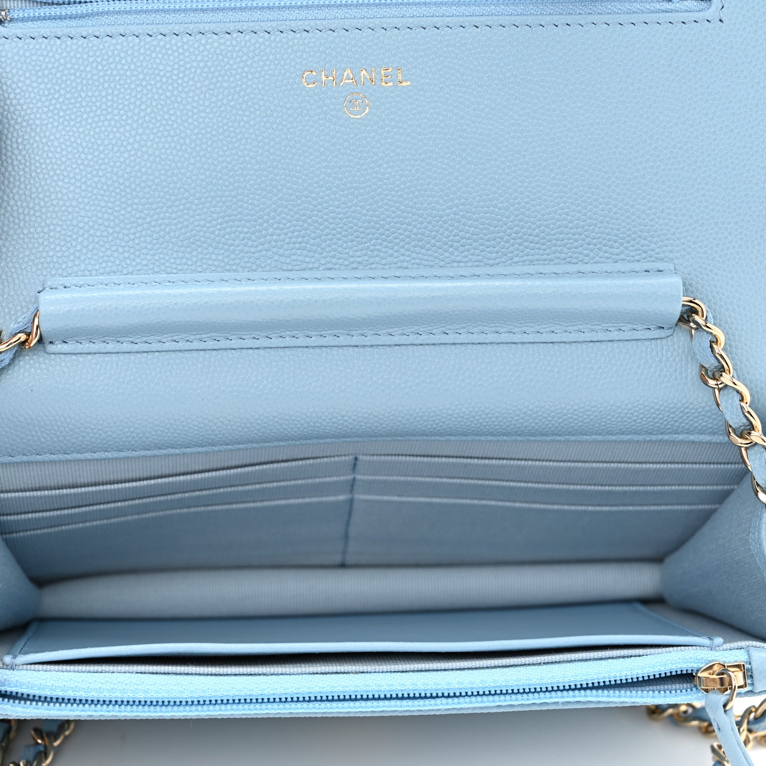 Chanel Caviar Quilted Crystal CC Wallet On Chain WOC Light Blue 5 of 13