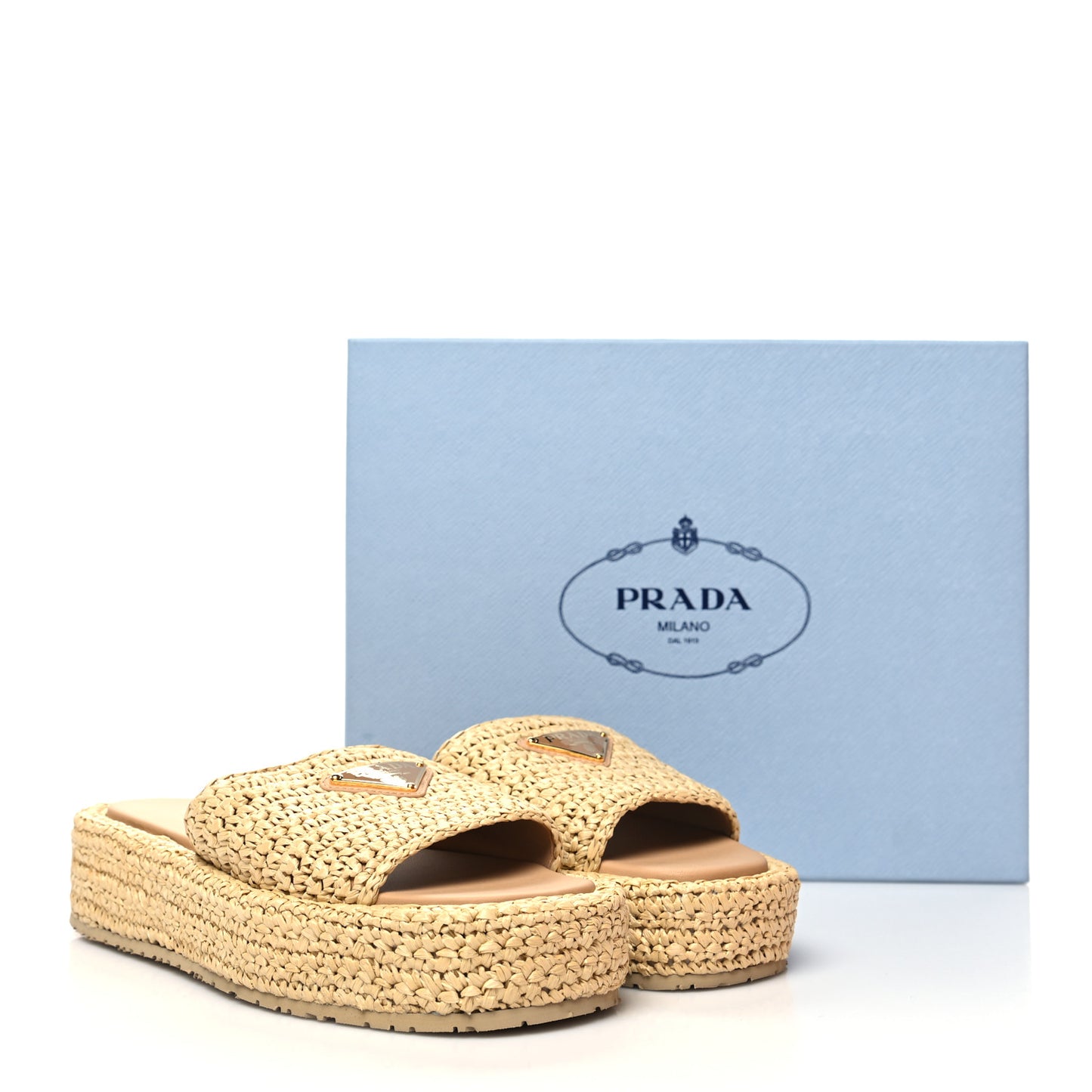 Raffia Metal Triangle Logo Woven Flatform 35mm Slide Sandals 37 Naturale