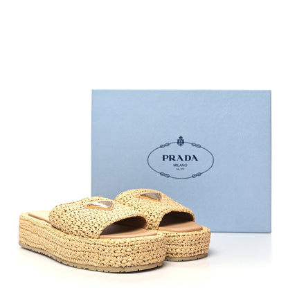 Prada Raffia Metal Triangle Logo Woven Flatform 35mm Slide Sandals 37 Naturale 10 of 10
