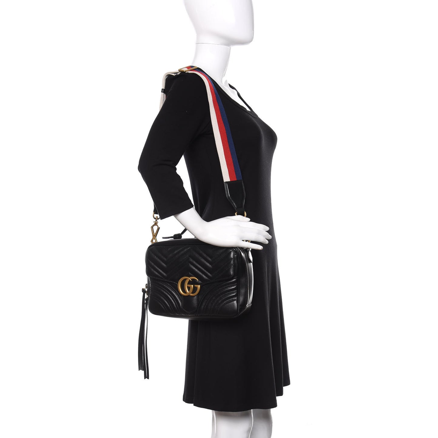 Calfskin Matelasse Sylvie Web Small GG Marmont Top Handle Shoulder Bag Black