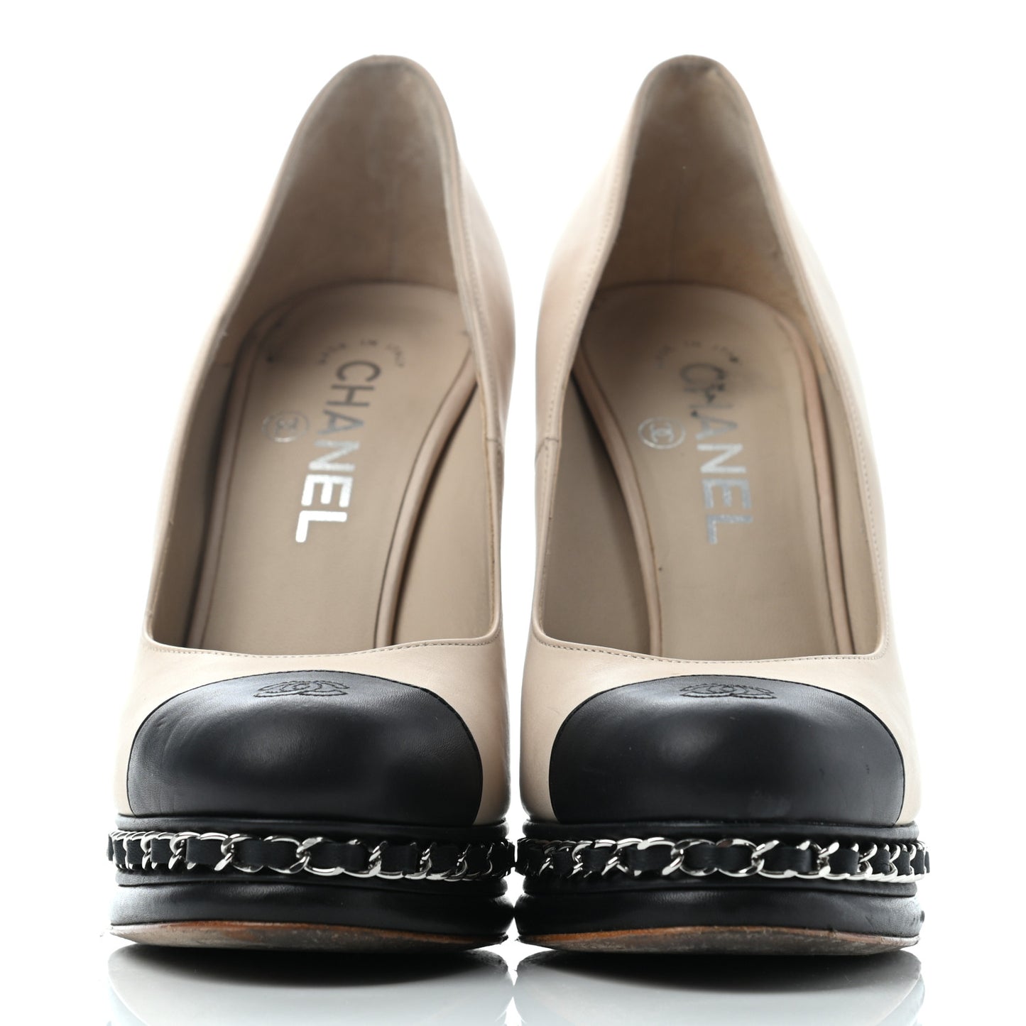 Calfskin CC Cap Toe Platform Chain Pumps 37 Beige Black