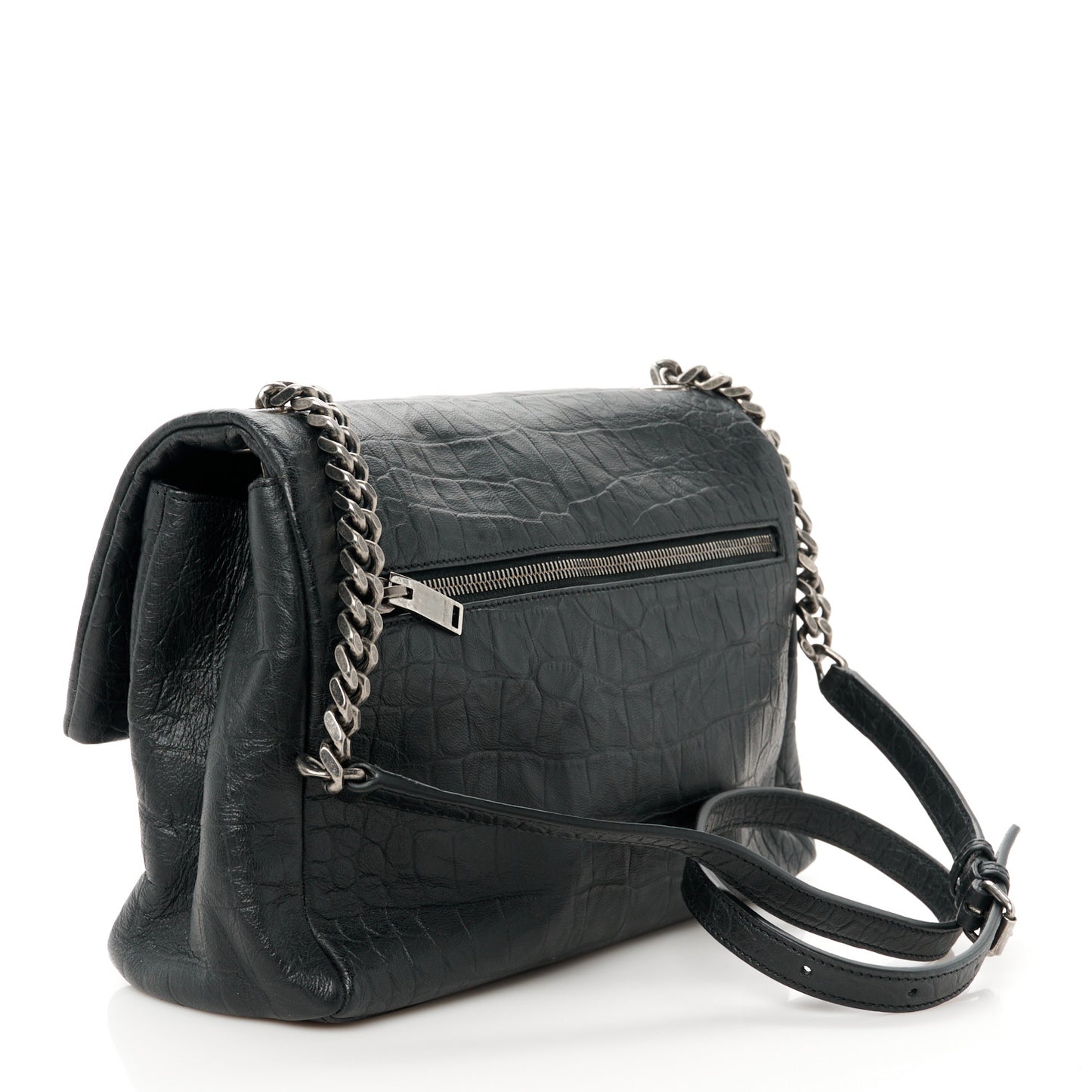 Calfskin Crocodile Embossed Medium West Hollywood Monogram Fold-Over Black