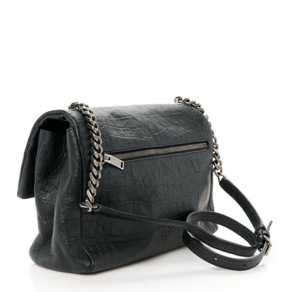 Saint Laurent Calfskin Crocodile Embossed Medium West Hollywood Monogram Fold-Over Black 3 of 11