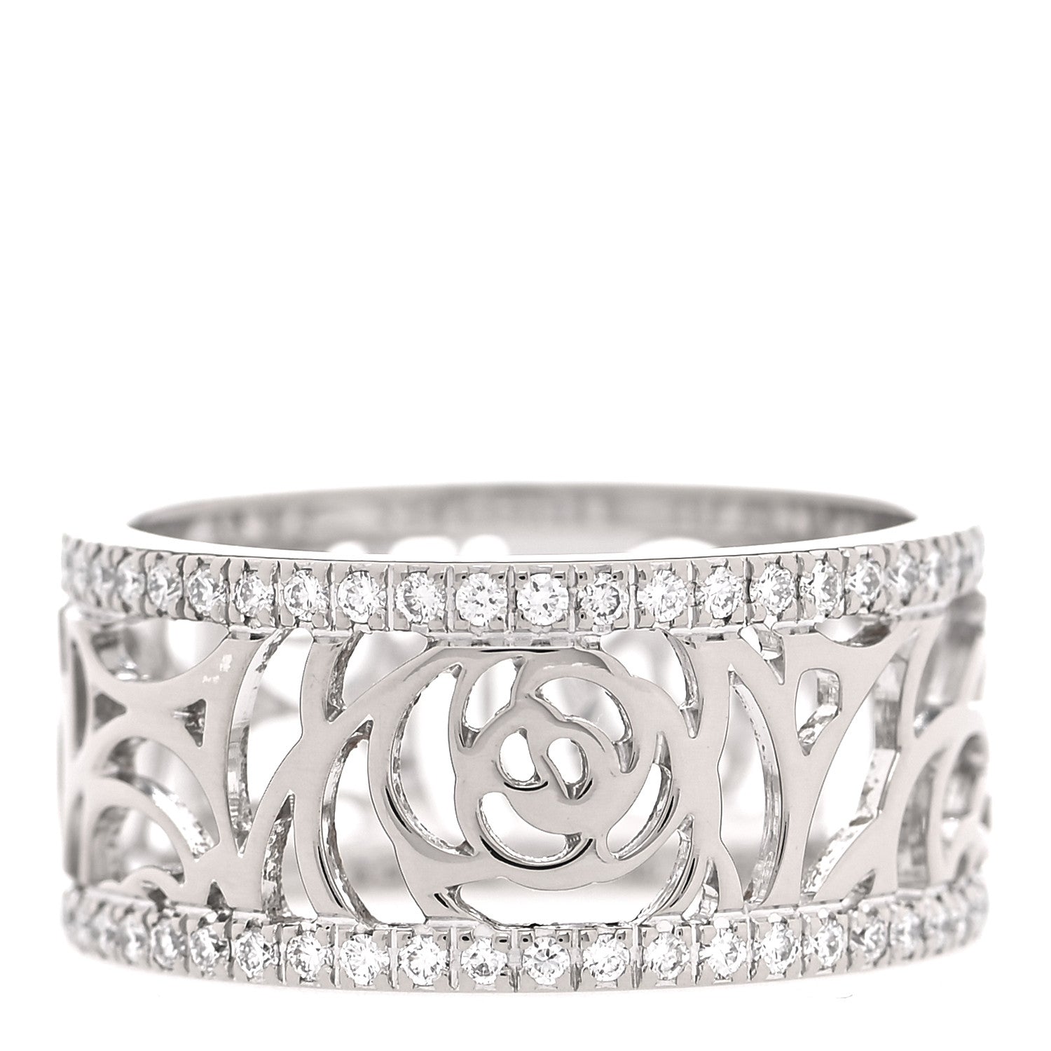 Chanel 18K White Gold Diamond Camellia Ajoure Band Ring 51 5.75 1 of 4