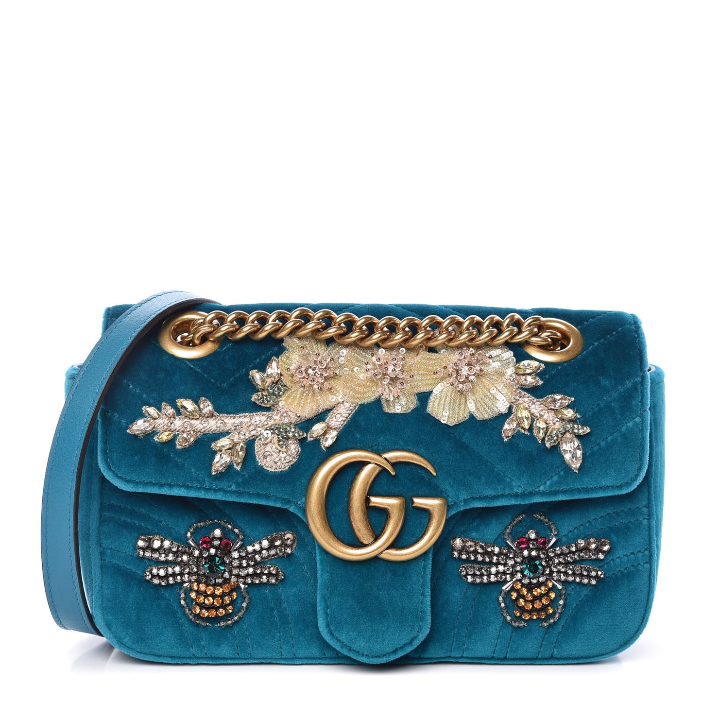 Velvet Matelasse Embroidered Mini GG Marmont Shoulder Bag Pavone Cyan